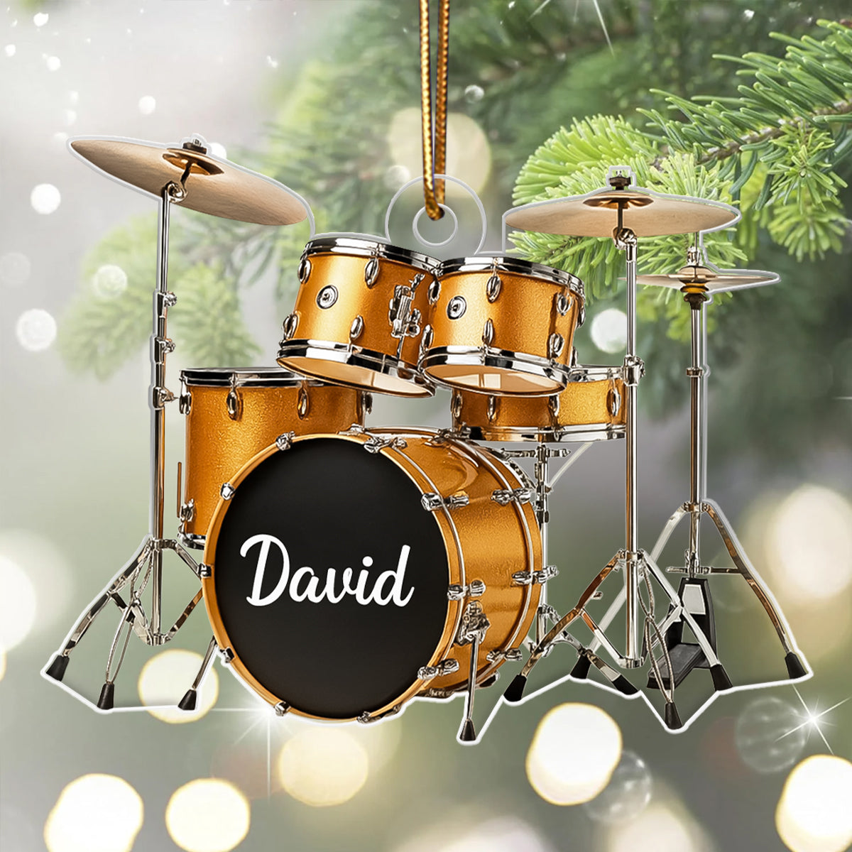 Custom Name Gold Drum Set - Personalized Acrylic Ornament -  Thoughtful Drummer Christmas Gift, Musician Christmas Tree Hanging Decor