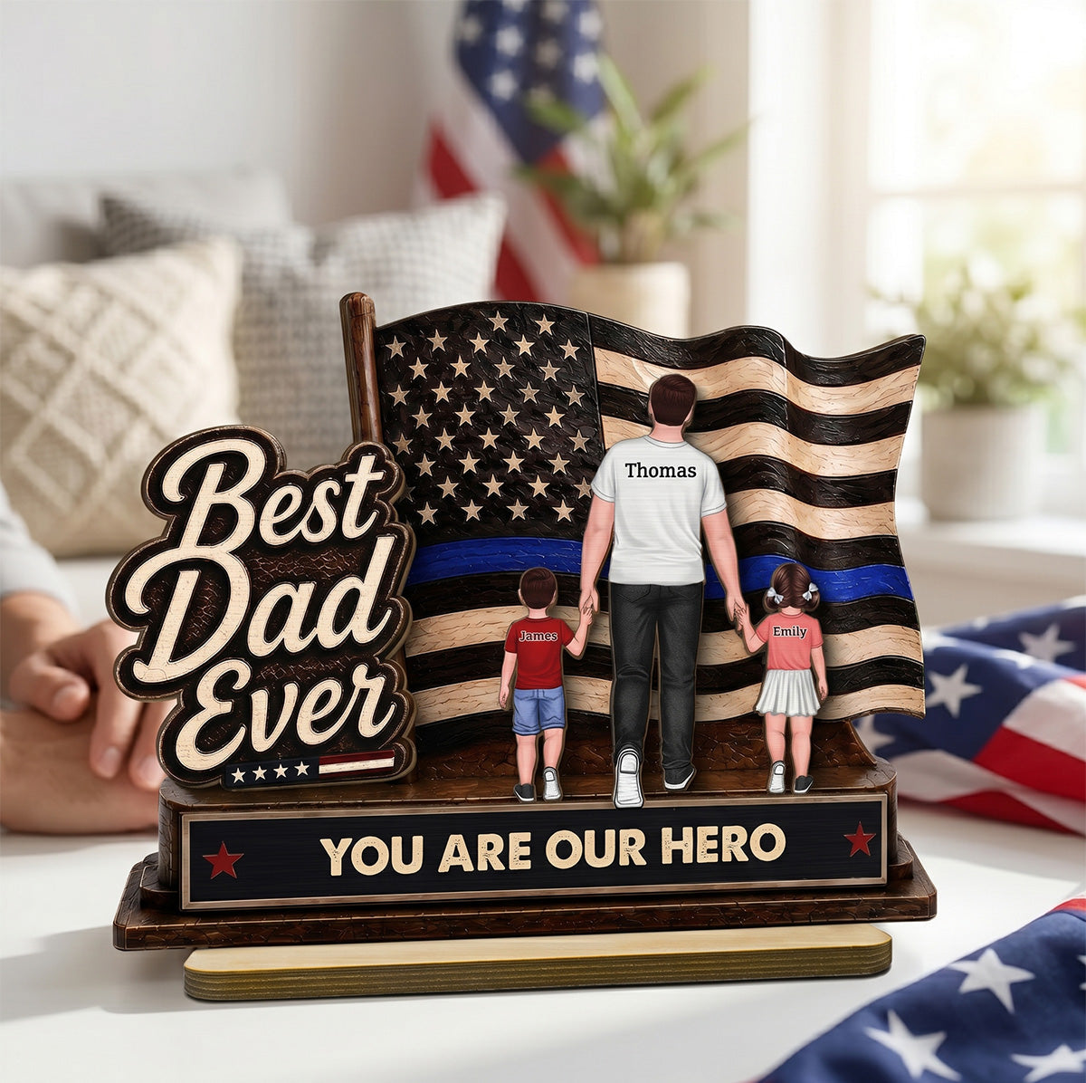 Best Dad Ever Our Hero American Flag 2D Flat - Personalized 2-Layered Wooden Plaque -  Gift For Patriotic Dad, Grandpa, Husband