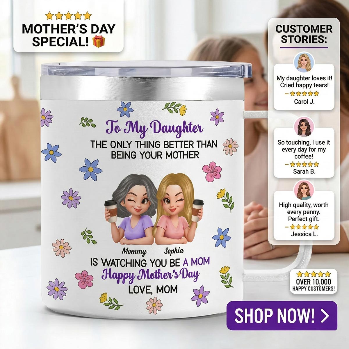 To My Daughter Floral 2D Flat - Personalized Tumbler With Handle - Heartfelt Mother's Day Gift For Daughter
