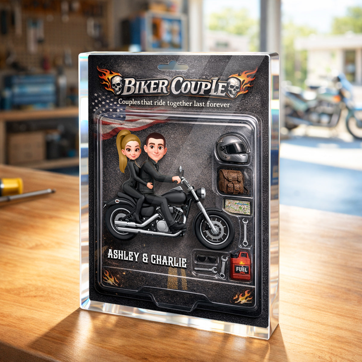 Couples That Ride Together Last Forever Nation Flag, Custom Action Figure Biker Couple - Personalized Acrylic Block Plaque - Heartfelt Gift for Him, for Her