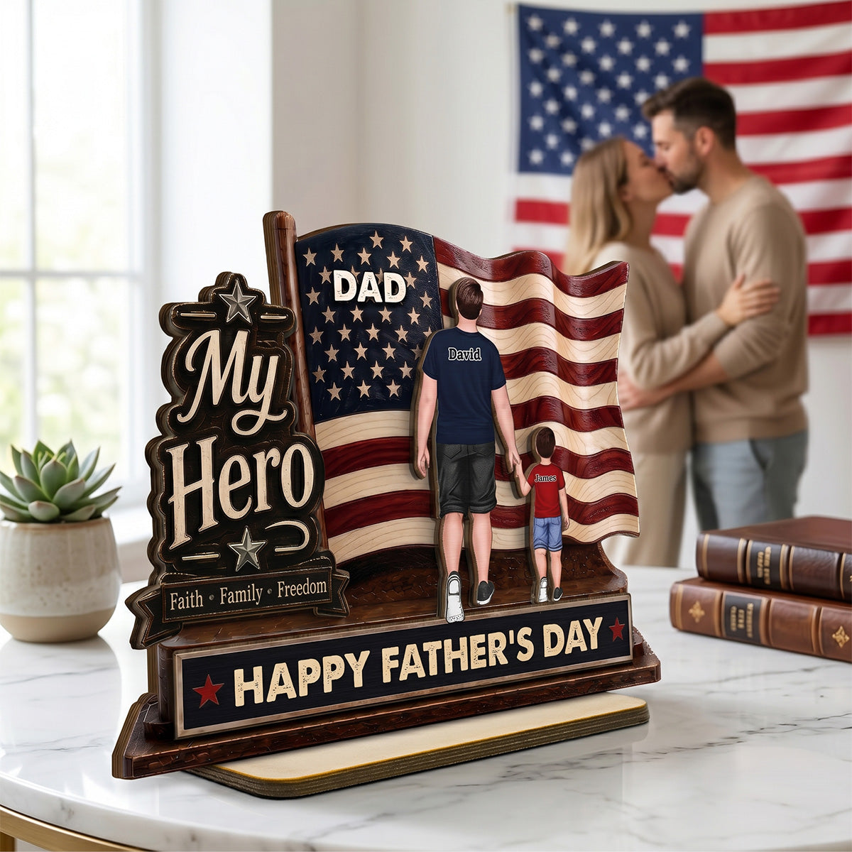 Dad Grandpa Our Hero American Flag 2D Flat - Personalized 2-Layered Wooden Plaque -  Gift For Patriotic Dad, Grandpa, Husband