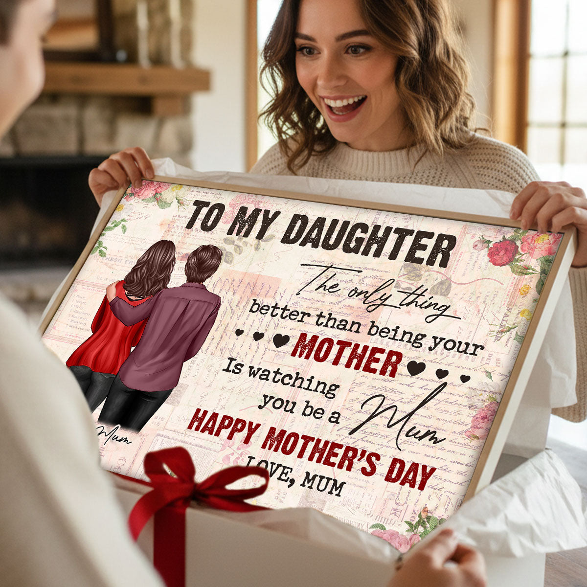To My Daughter From Mum Vintage Floral Newspaper - Personalised Poster - UK Mother's Day