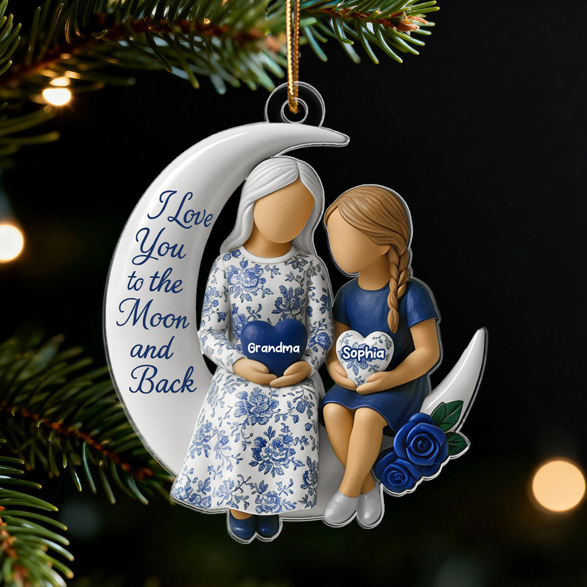 3D Effect Toile De Jouy Pattern Grandma Grandkid On Moon - Personalized Acrylic Ornament - Gift For Granddaughter