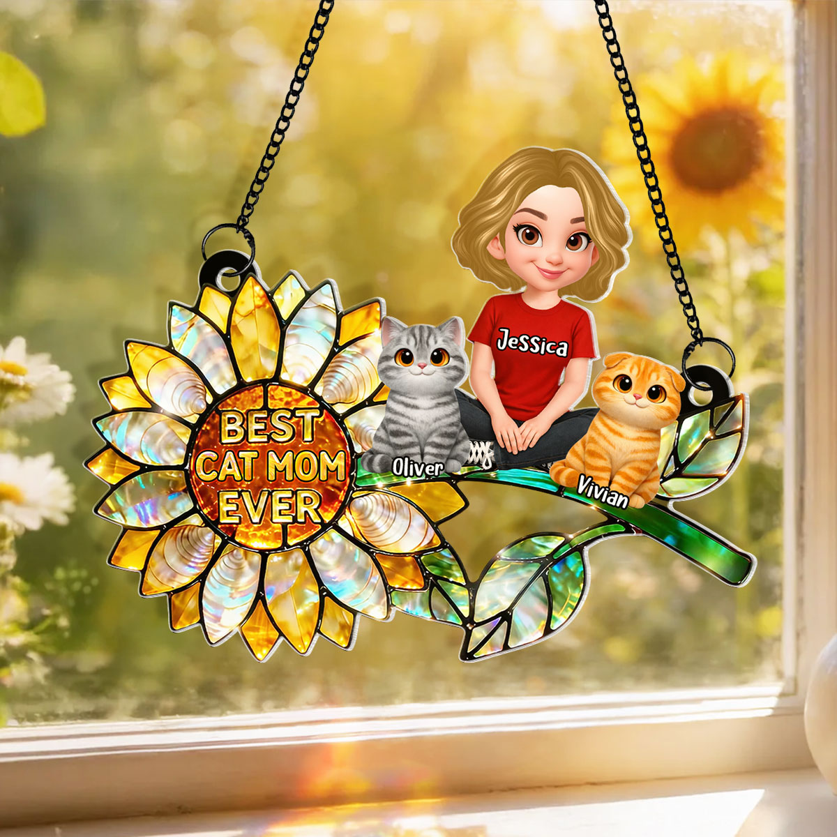 Sunflower Cat Mom and Cats Sitting - Personalized Window Hanging Suncatcher - Mother's Day Gift for Mom, Wife