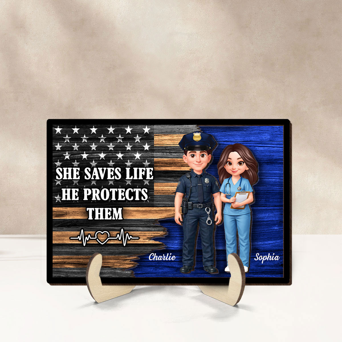 Custom Hero Couple Thin Blue Line Nation Flag - Personalized 2-Layered Wooden Plaque - Heartfelt Gift for Him, for Her