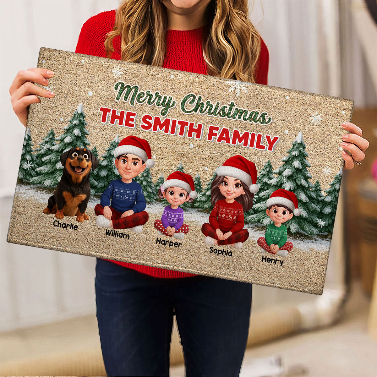3D Effect Snowy Christmas Tree Beautiful Family Together Christmas - Personalized Doormat