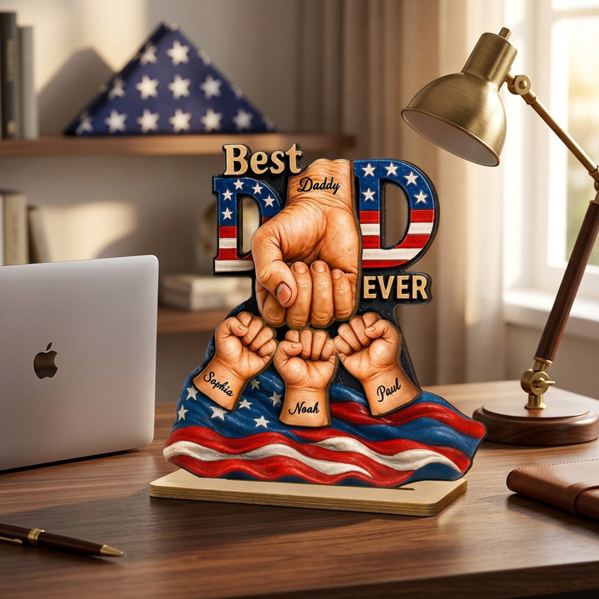 American Dad And Kids Fist Bump - Personalized 2-Layered Wooden Plaque -  Gift For Dad, Husband