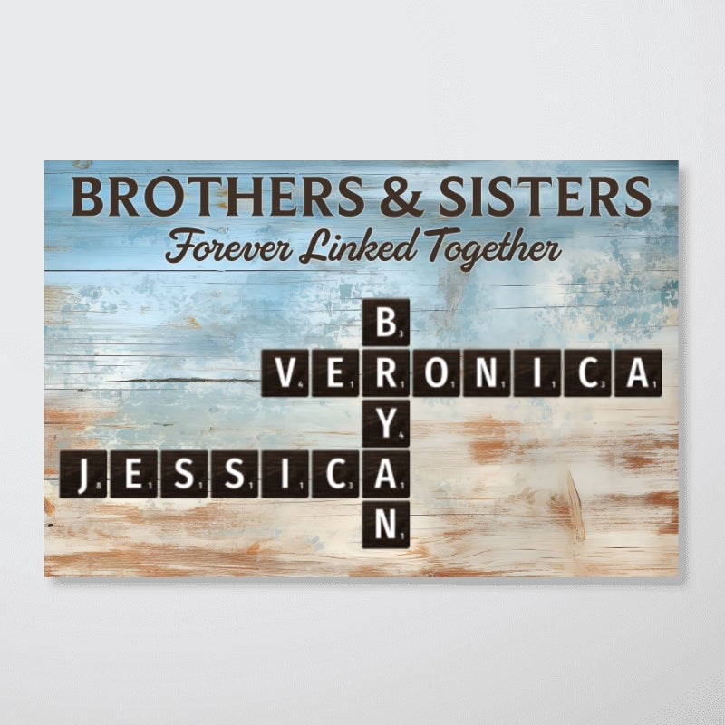 Brothers & Sisters Forever Linked Together Crossword Puzzle Art Blue Wood Palette - Personalized Poster - Gift For Siblings, Family