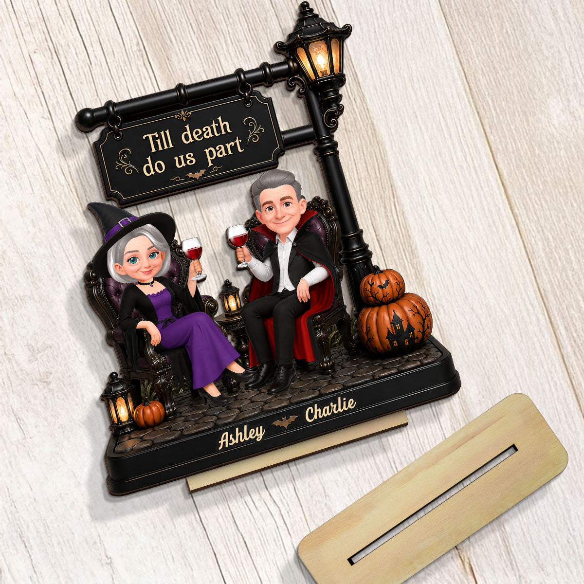 Classic Halloween Couple Under Lamp Post - Personalized 2-Layered Wooden Plaque - Halloween Decoration For Couple