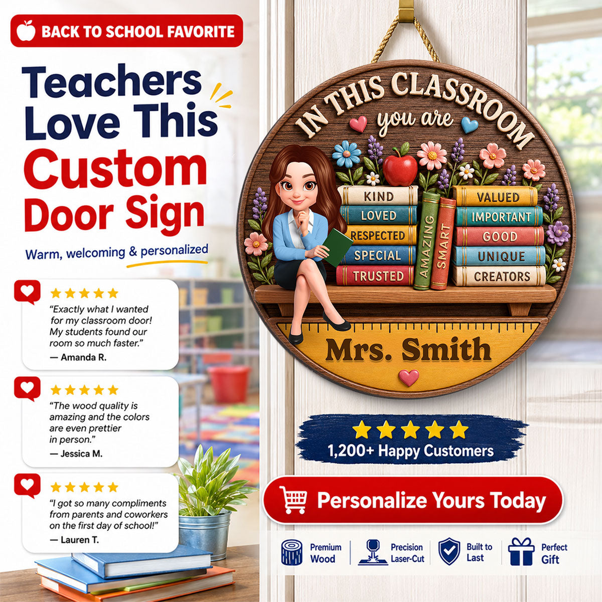 Custom Teacher in This Classroom - Personalized Wooden Door Sign - Teacher Wall Decor Sign, Back to School Gift for Teachers