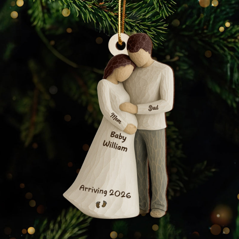 3D Effect Baby Arriving - Personalized Wooden Ornament - Couple Expecting, Pregnancy Keepsake