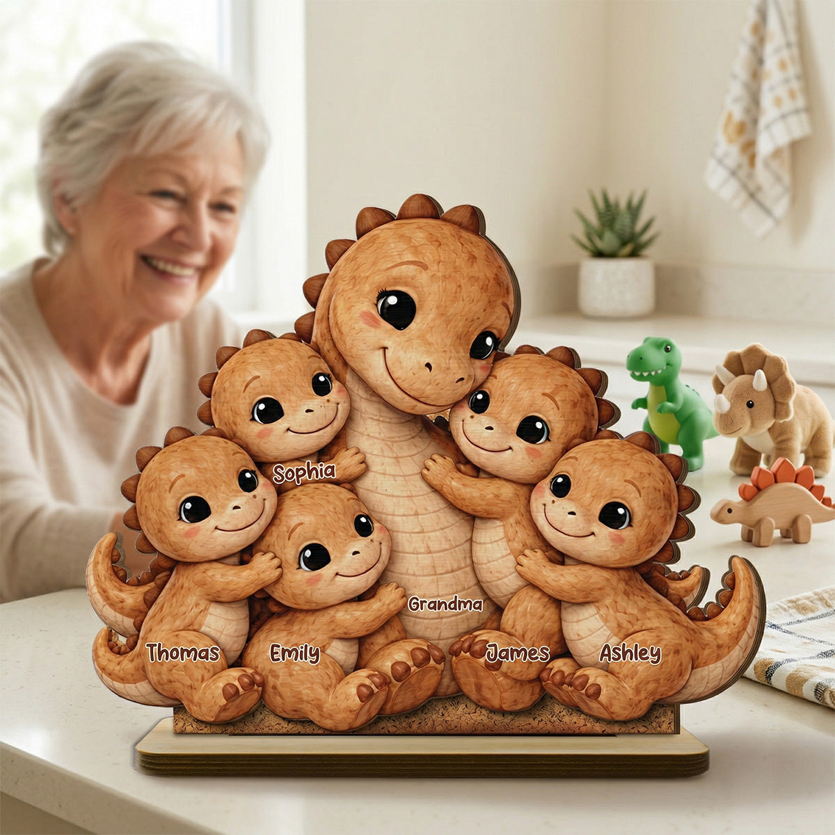 Tender Grandma And Grandchild Dino Hug - Personalized 2-Layered Wooden Plaque - Mother's Day Gift For Grandma, Mom, Wife