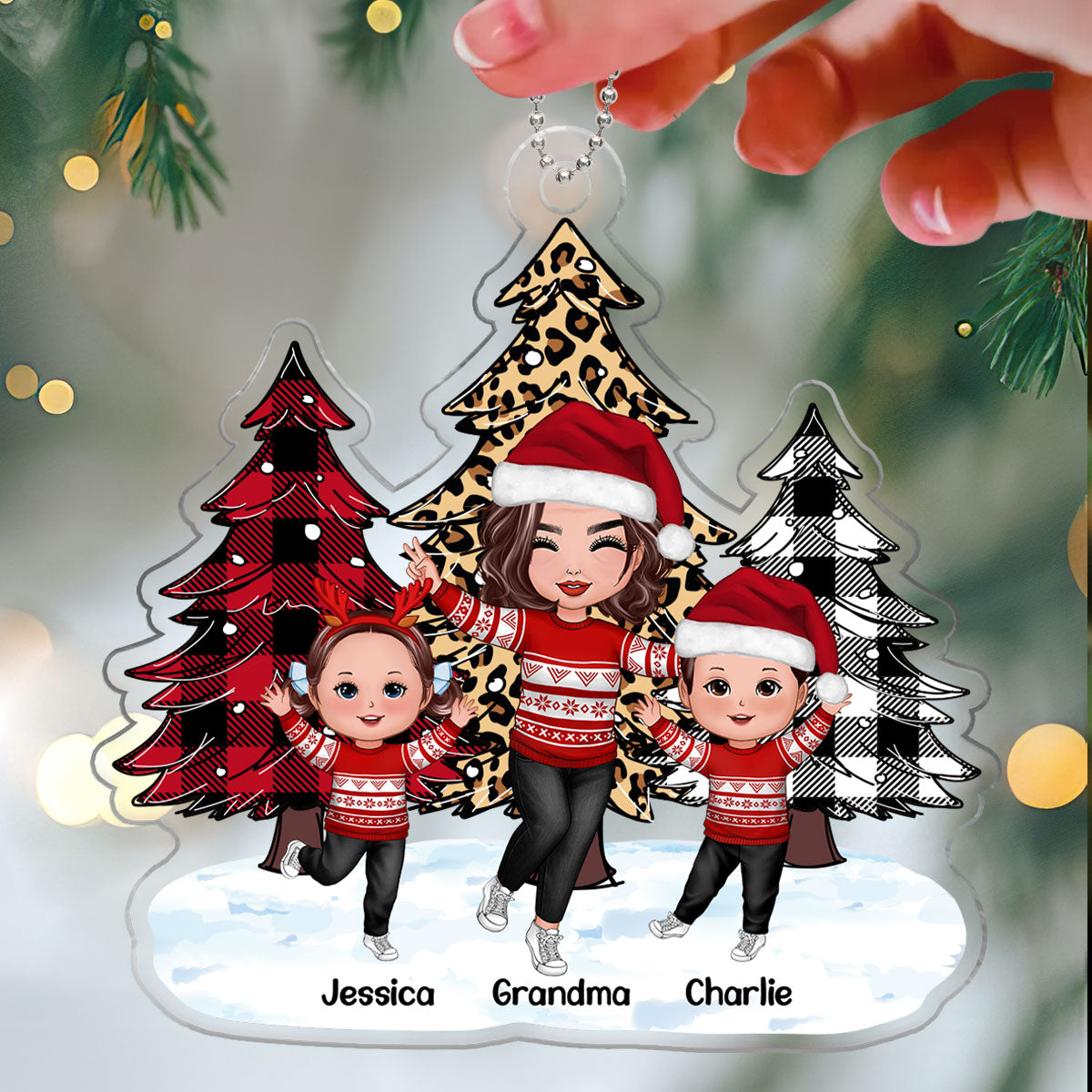 Leopard Checkered Pattern Christmas Tree Happy Grandma Grandkids Personalized Acrylic Ornament