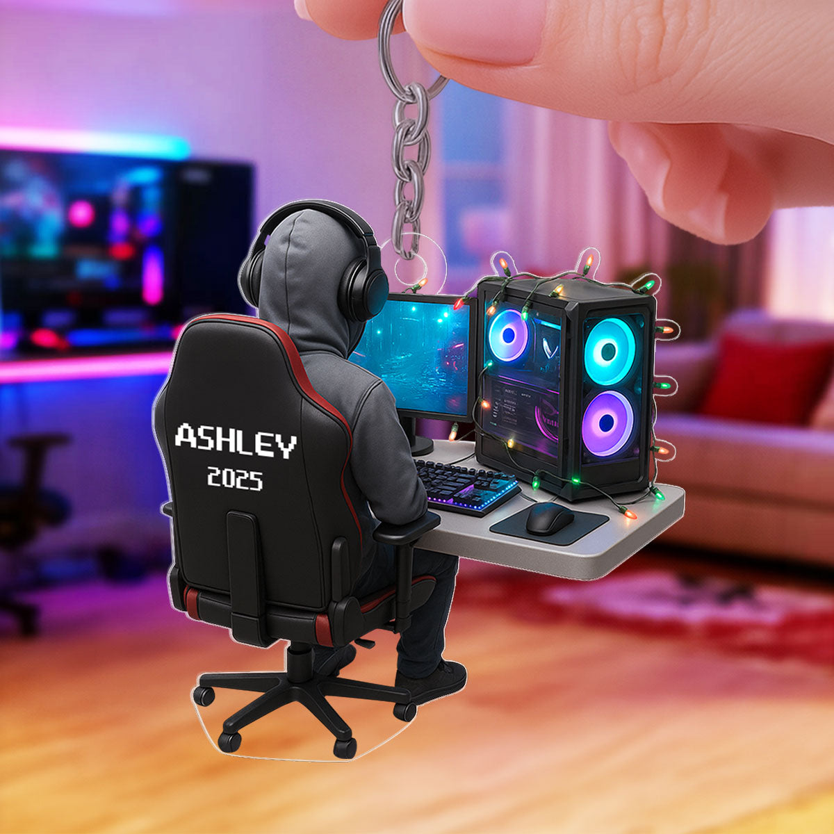 Custom Gamer Name PC Set Up - Personalized Acrylic Keychain - Custom Name Keyrings, Name Tag for Backpacks, Bottles