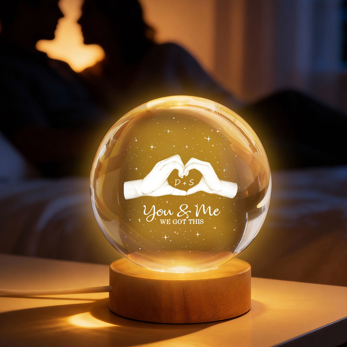 Hearts Hands Couple Initials - Personalized Crystal Ball LED Night Light - Valentine's Day Gift For Couple