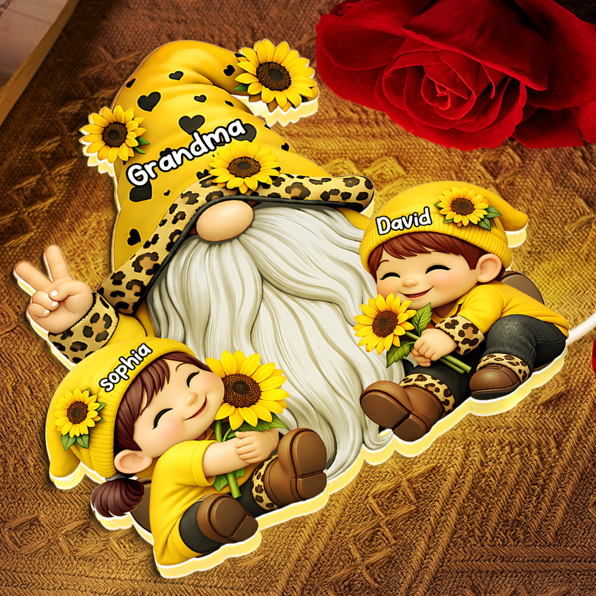 Gnome Grandma & Grandkids Sunflower - Personalized Light Box - Sentimental Gift for Grandma
