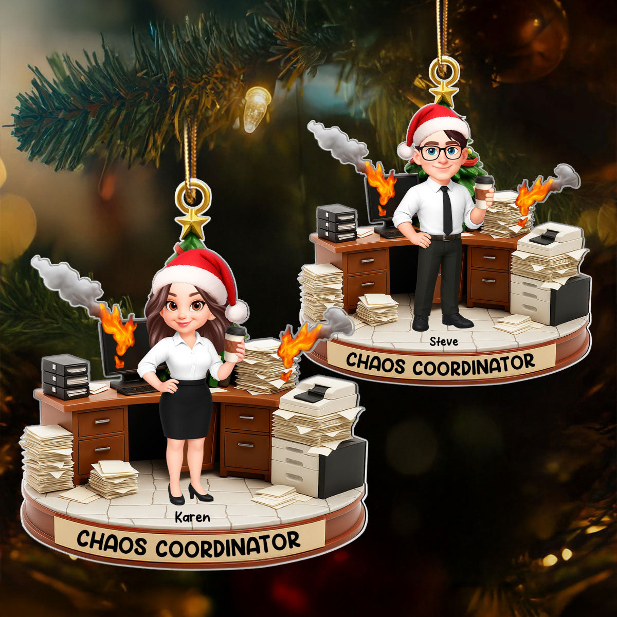 Office Chaos Coordinator - Personalized Acrylic Ornament - Funny Christmas Gift for Coworkers, White Elephant, Secret Santa Gift