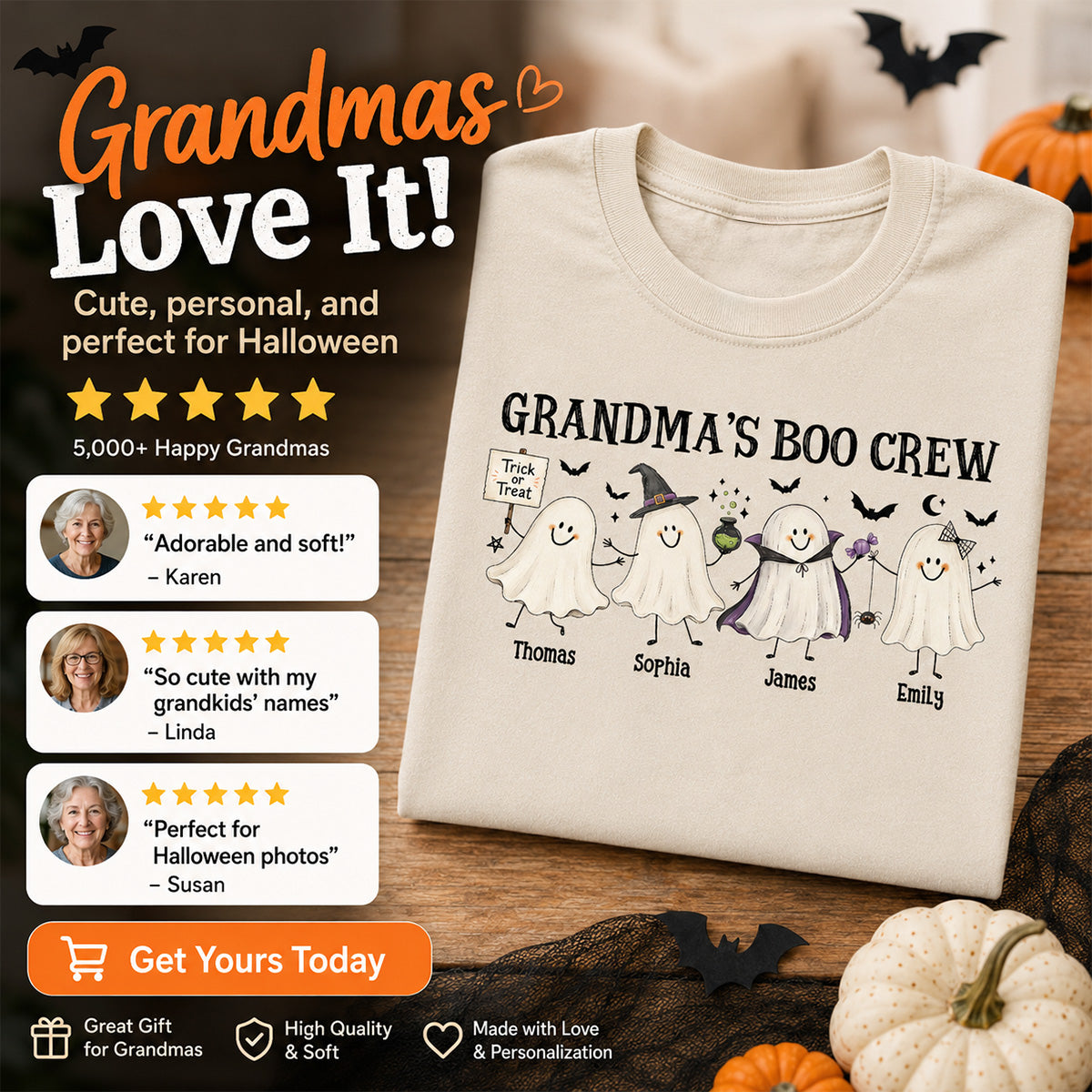 Grandma's Boo Crew Cute Doodle Ghosts - Personalized Shirt - Perfect Halloween Costume for Grandma