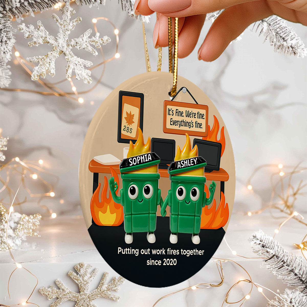 3D Effect Dumpster Fires In Office Scene - Personalized Ornament - Funny Gift For Colleagues, Work Besties