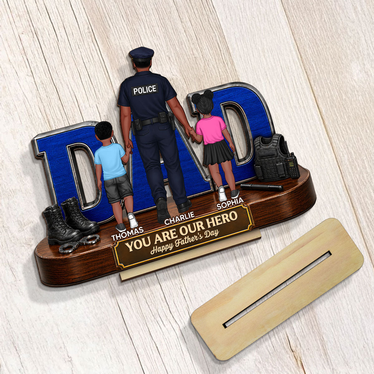 Proud American Police Dad You Are Our Hero - Personalized 2-Layered Wooden Plaque -  Gift For Dad