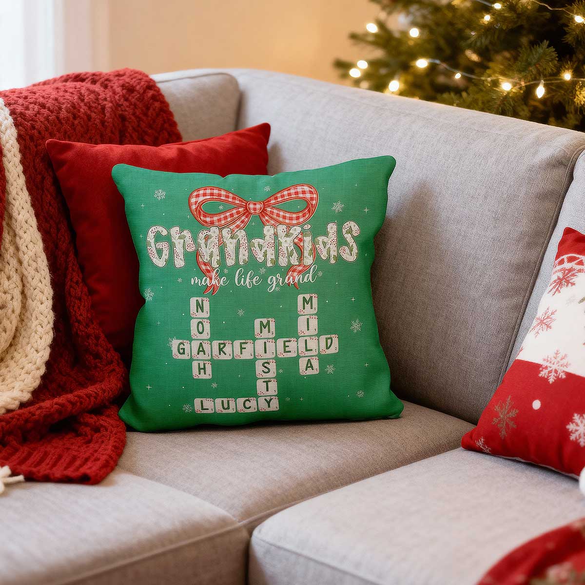 Grandkids Make Life Grand Coquette Floral Christmas Pattern Crossword Puzzle Art - Personalized Pillow