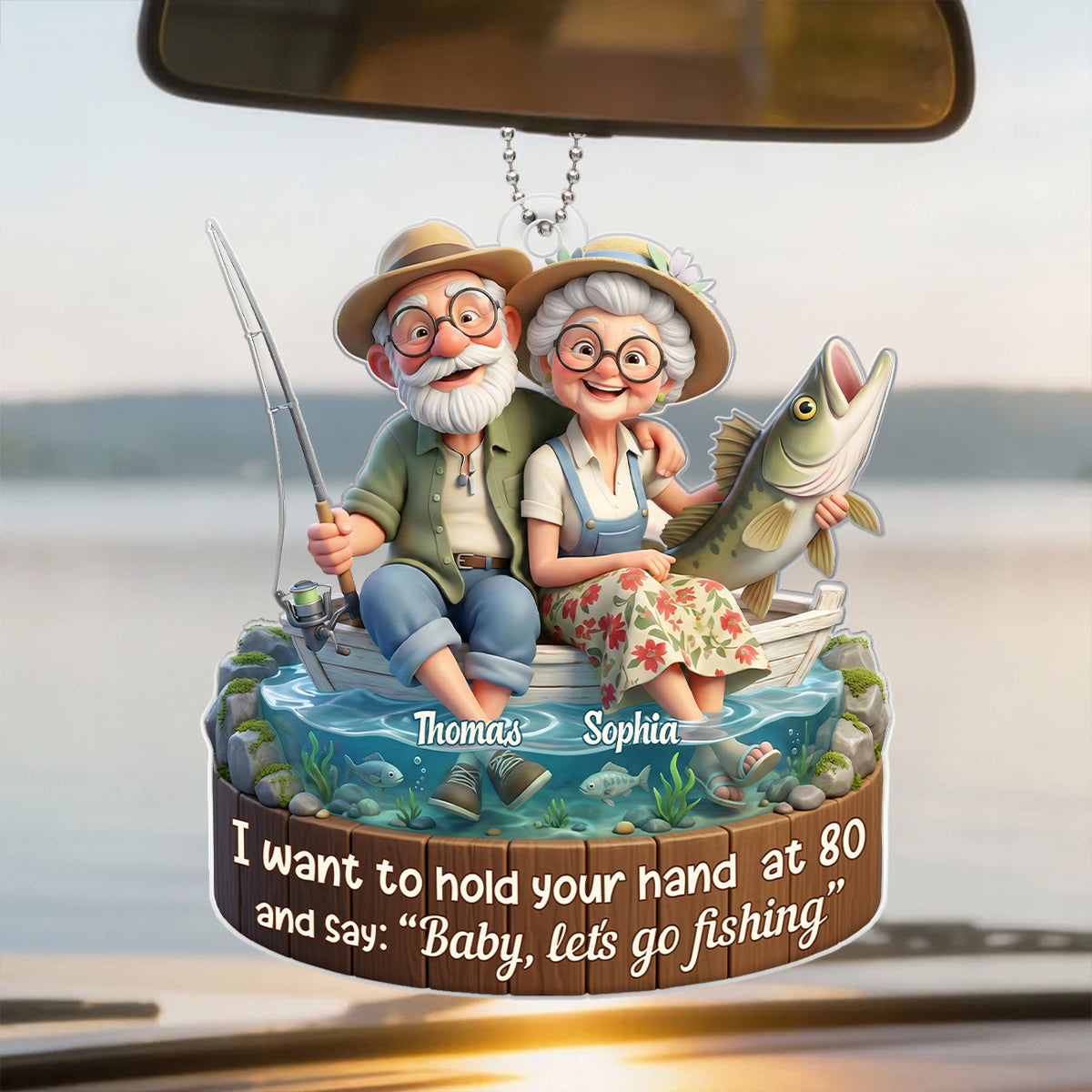 Baby Let's Go Fishing Old Couple - Personalized Acrylic Car Hanger - Sentimental Gift for him, for her