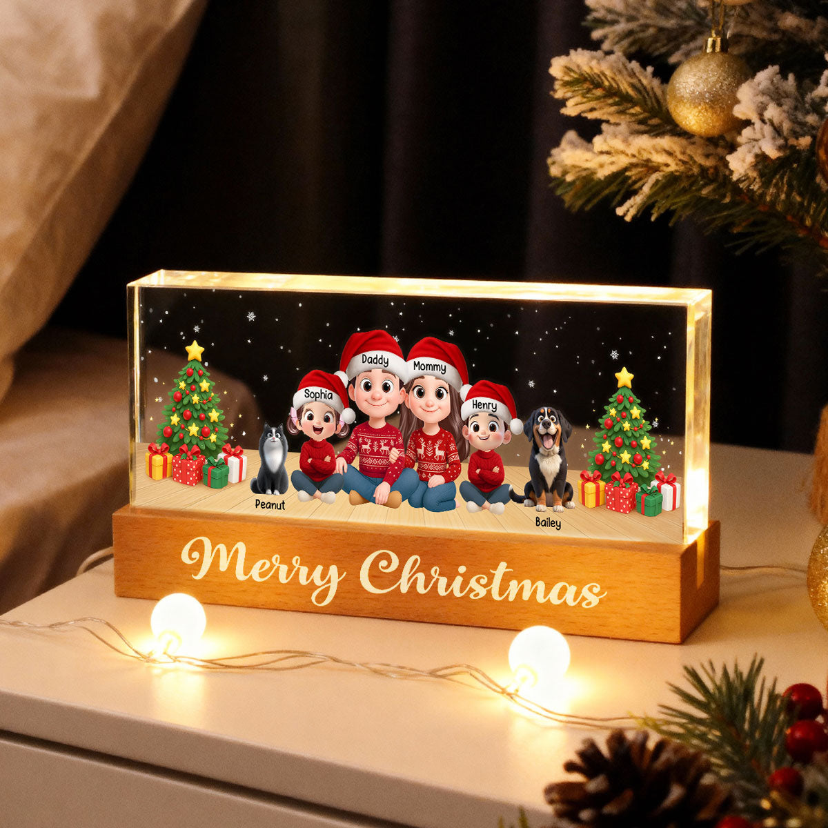 Merry Christmas Family Sitting - Personalized Acrylic Block LED Night Light - Custom Family with Pets, Holidays Gift for Husband, Wife