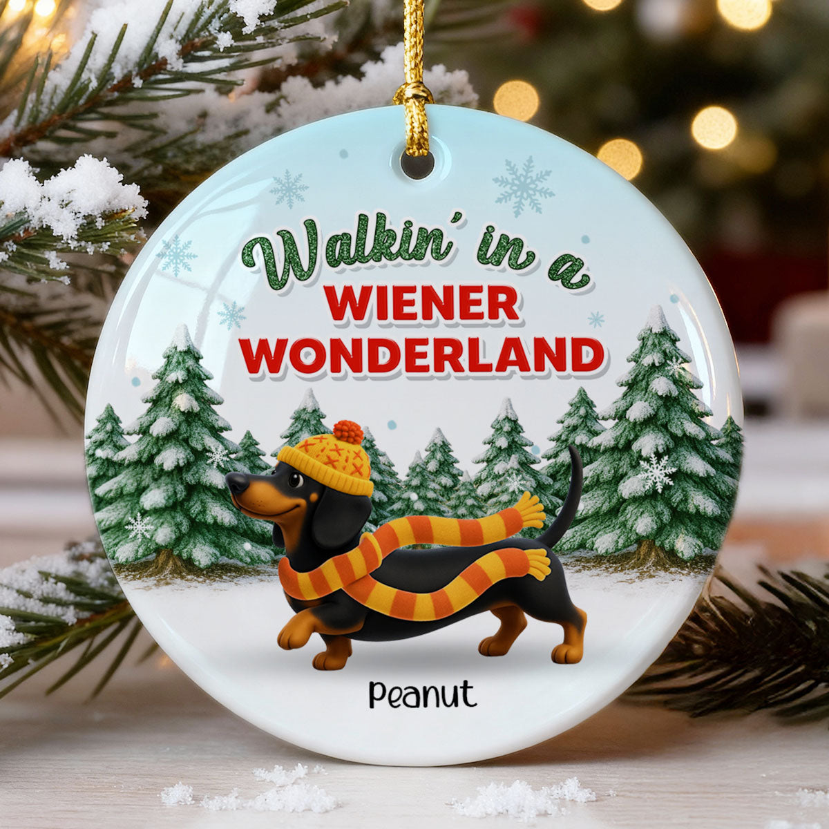 Christmas Dachshunds Walking In A Wiener Wonderland - Personalized Ceramic Ornament - Gift For Dachshund Lovers