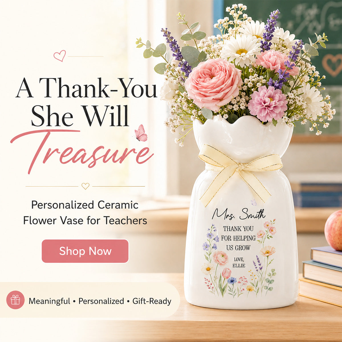 Thank You For Helping Us Grow - Personalized Ceramic Flower Vase - Teacher Appreciation Gift