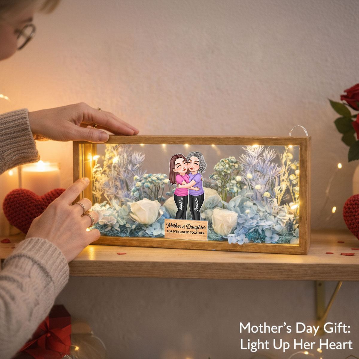 Mom & Daughter Forever Linked Together - Personalized DIY Flower Shadow Box LED Night Light - Gift For Mom, Daughter