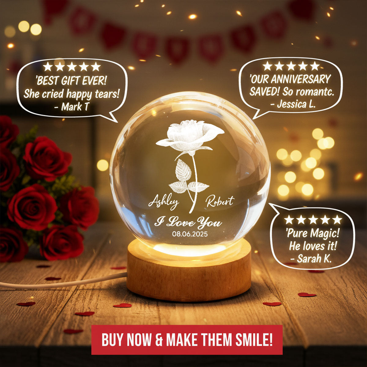 Eternal Love Rose I Love You - Personalized Crystal Ball LED Night Light - Valentine's Day Gift For Couple, For Her, For Him