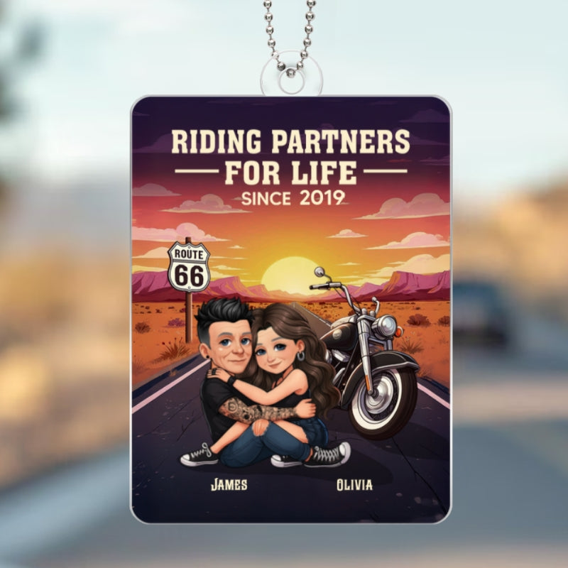 Bikers Couple Riding Partners for Life - Personalized Acrylic Car Hanger - Gift for Him, Gift for Her