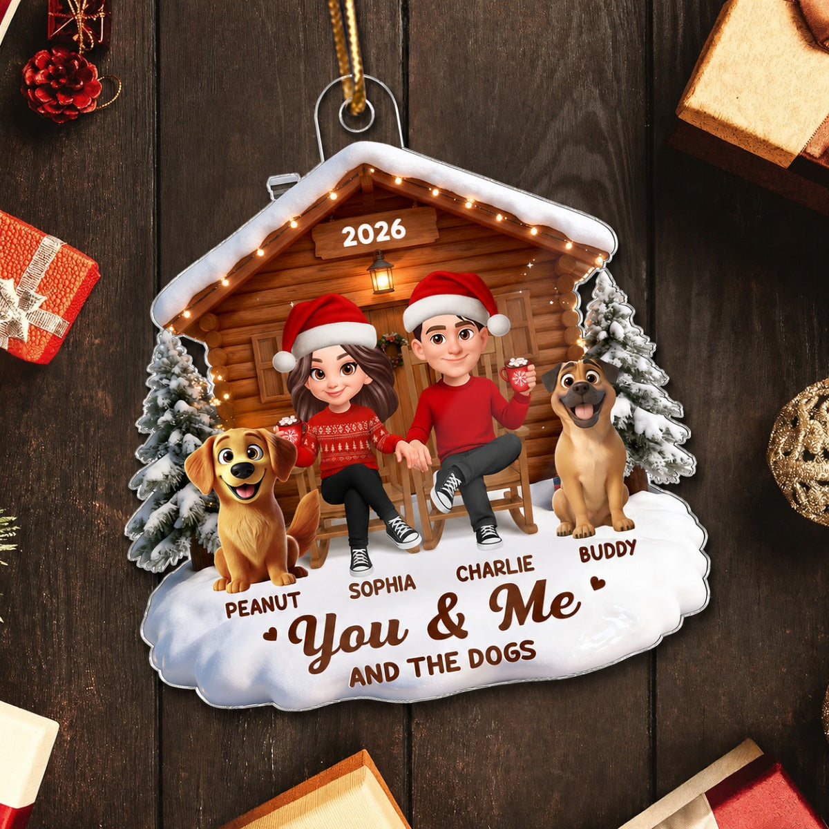 3D Effect Christmas Couple And Dog Cat Wooden Cabin - Personalized Acrylic Ornament - Heartfelt Gift For Couple