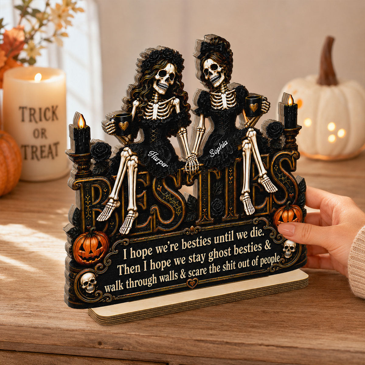 Skeleton Besties Sitting On Word 2D Flat - Personalized 2-Layered Wooden Plaque - Funny Work Bestie Gift, Halloween Keepsake For Best Friends