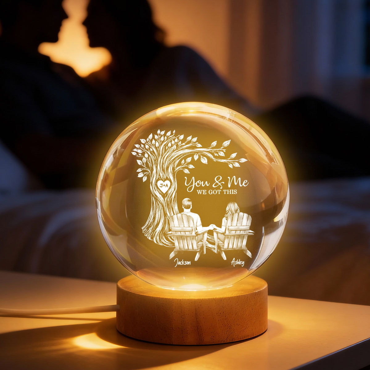 Eternal Love Couple Under Heart Carved Tree - Personalized Crystal Ball LED Night Light - Valentine's Day Gift For Couple