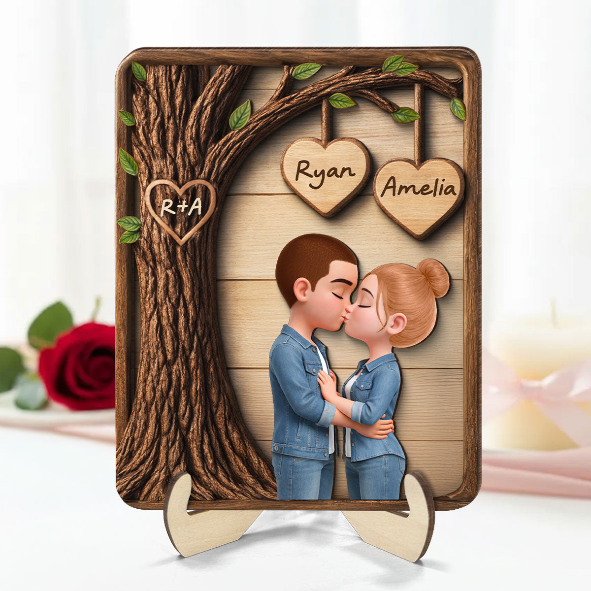 Couple Kissing Under Tree - Personalized 2-Layered Wooden Plaque - Sentimental Valentine's Day Gift for Her, for Him