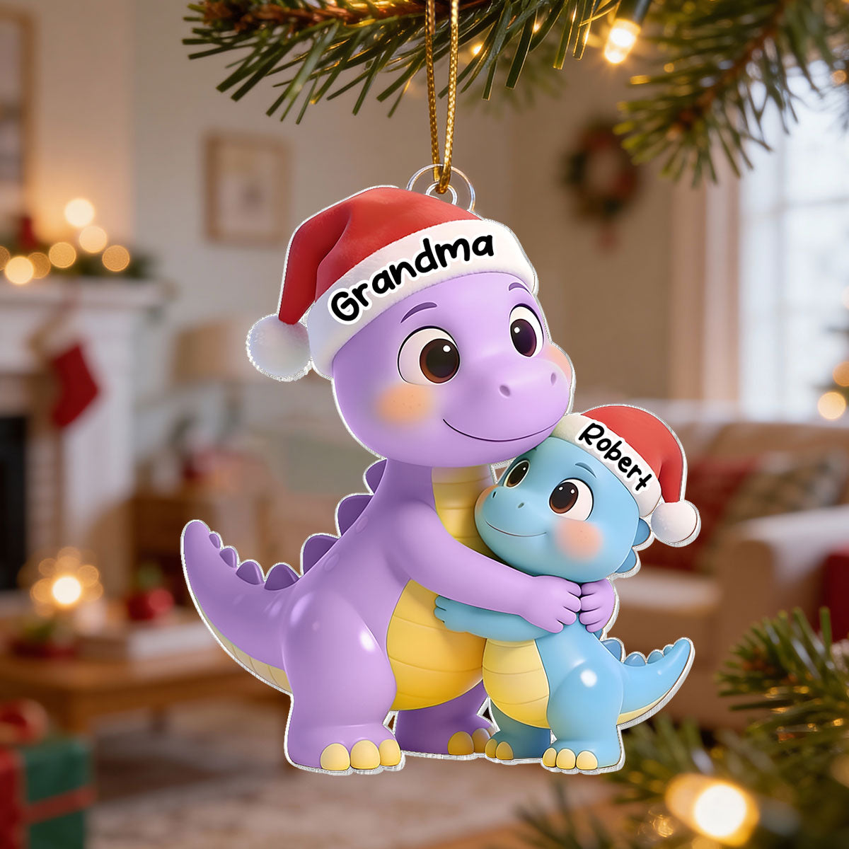 3D Effect Heartwarming Happy Grandmasaurus With Dinosaur Grandkid - Personalized Acrylic Ornament - Gift For Grandkids