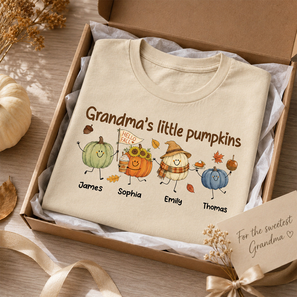 Grandma's Little Pumpkins Cute Characters - Personalized Shirt - Fall Season Shirt For Grandma, Mom