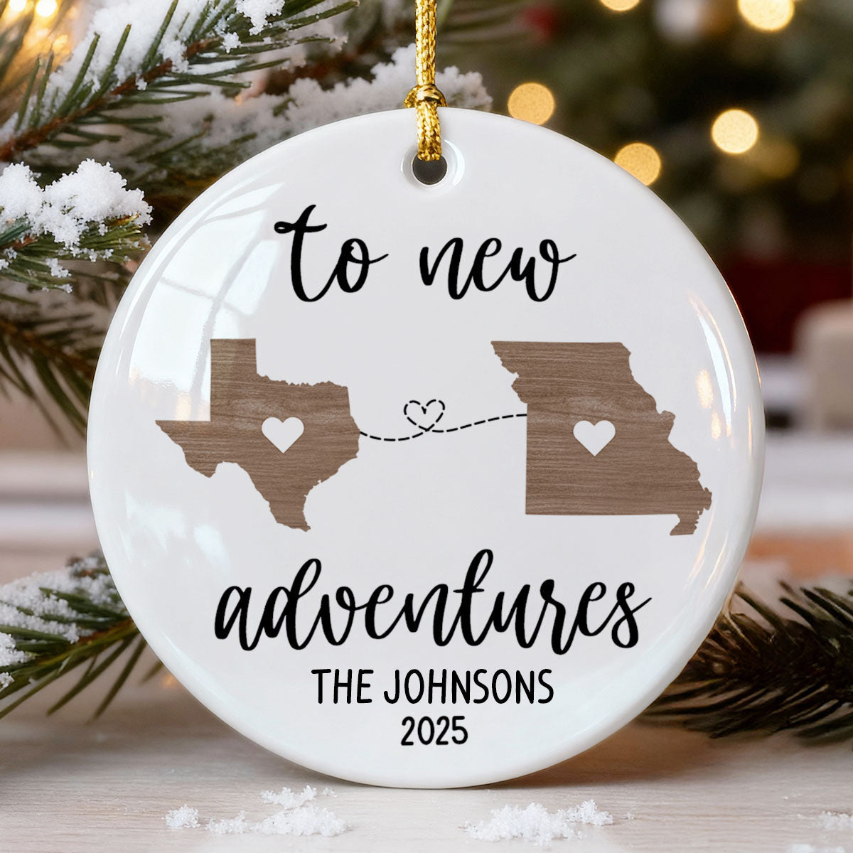 To New Adventures Cross Country Moving - Personalized Ceramic Ornament - Christmas Moving Away Gift