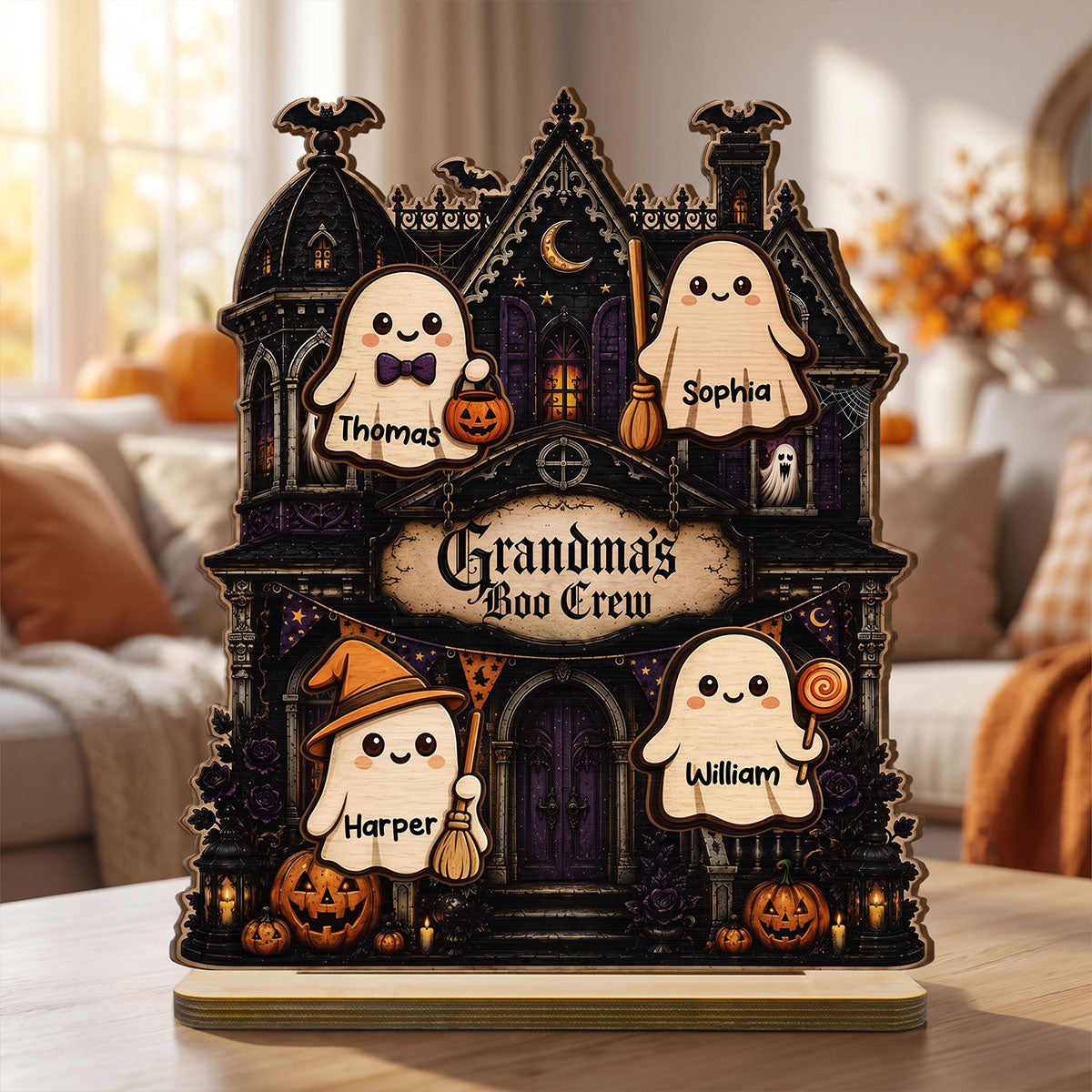 Grandma's Boo Crew Haunted House - Personalized 2-Layered Wooden Plaque - Halloween Decor For Grandma
