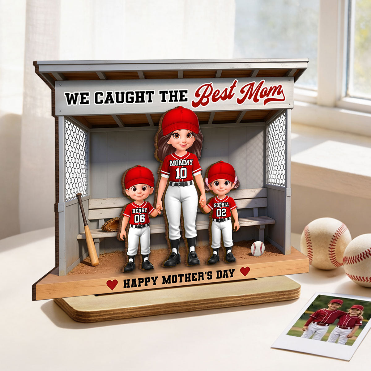 Baseball Softball We Caught The Best Mom - Personalized 2-Layered Wooden Plaque - Mother's Day Gift For Baseball Mom