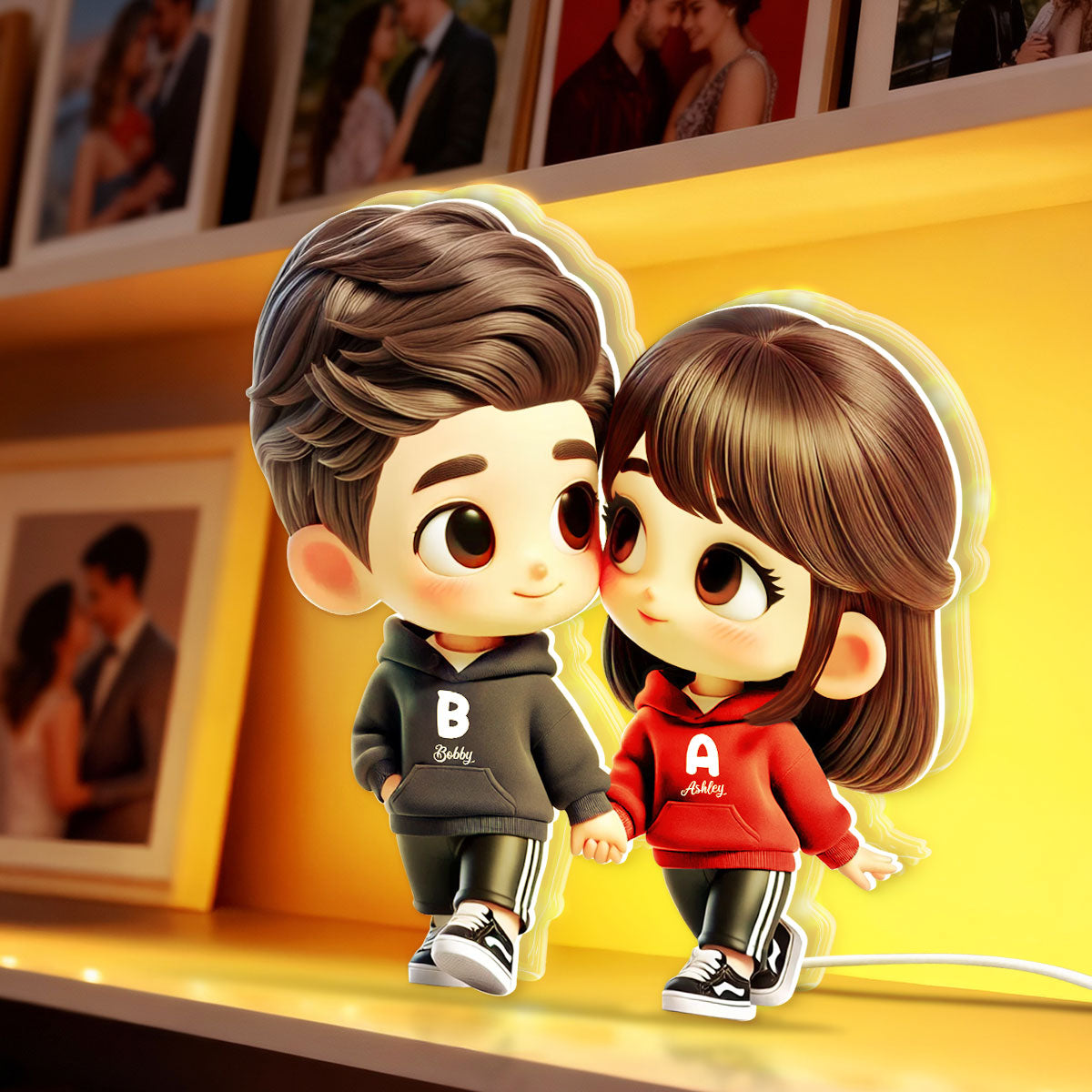 3D Effect Cute Cartoon Couple Holding Hands - Personalized Light Box - Gift for Him, Gift for Her
