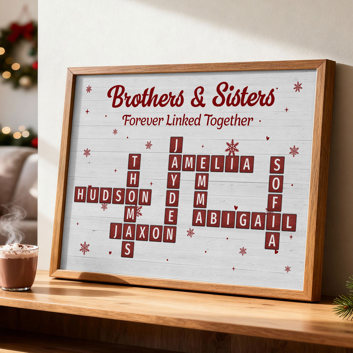 Christmas Brothers & Sisters Forever Linked Together Crossword Puzzle Art - Personalized Poster - Gift For Brothers, Sisters, Siblings, Family