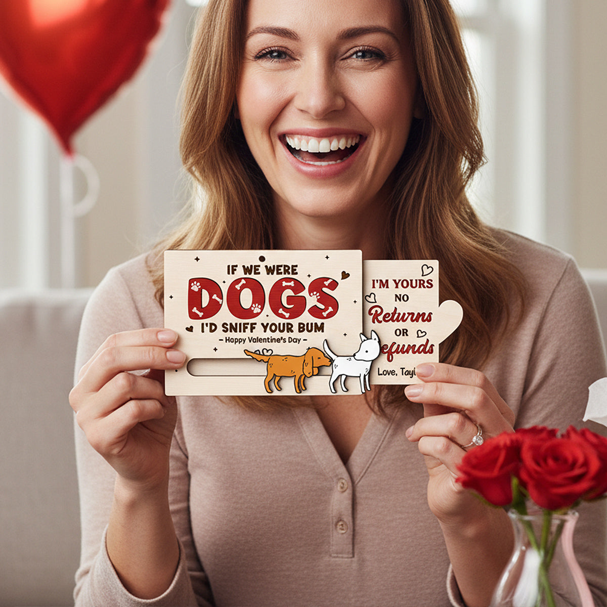 If We Were Dogs I'd Sniff You Bum Funny Couple - Personalized Wooden Slider Ornament - Valentine's Day Gift For Him, For Her