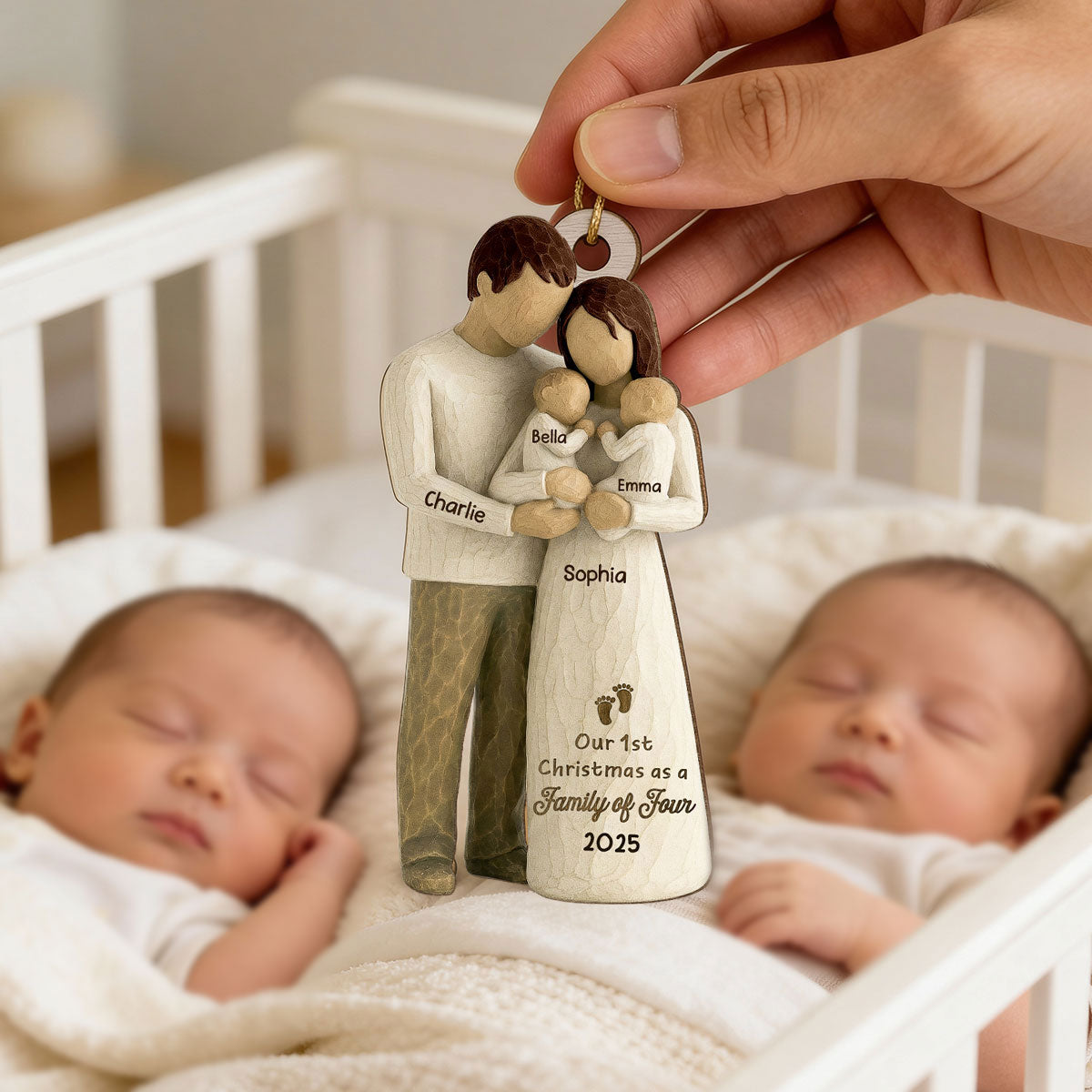 3D Effect First Christmas As Family Of Four Mom Dad & Twin Babies - Personalized Wooden Ornament