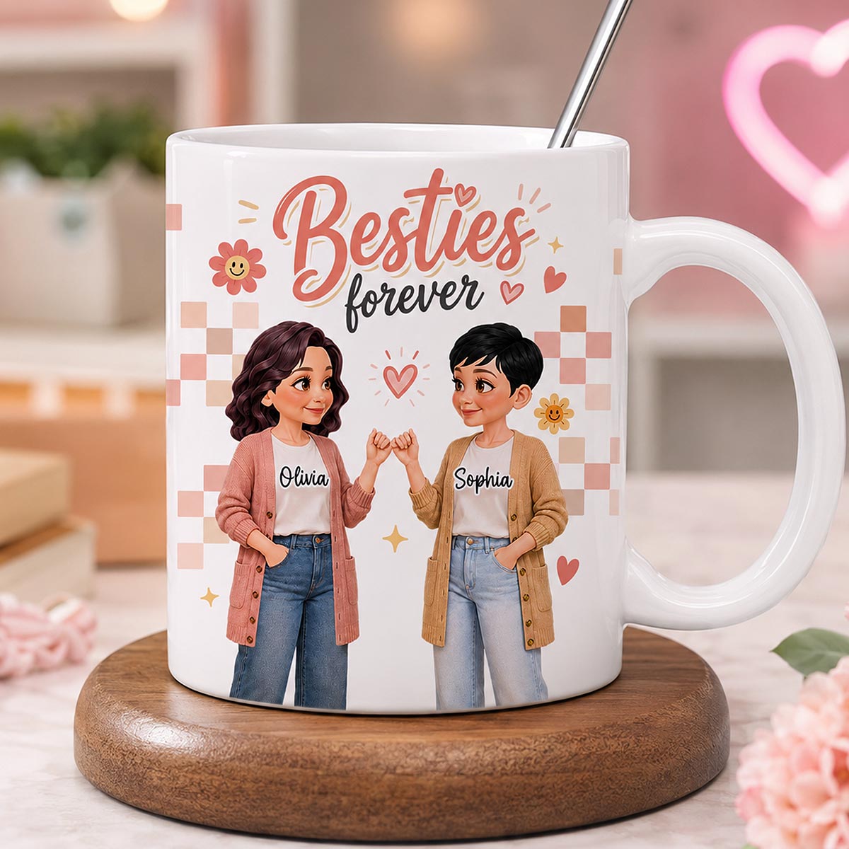 Pretty Besties Besties Forever - Personalized Mug - Birthday Gift, Friendship Gift for Best Friends