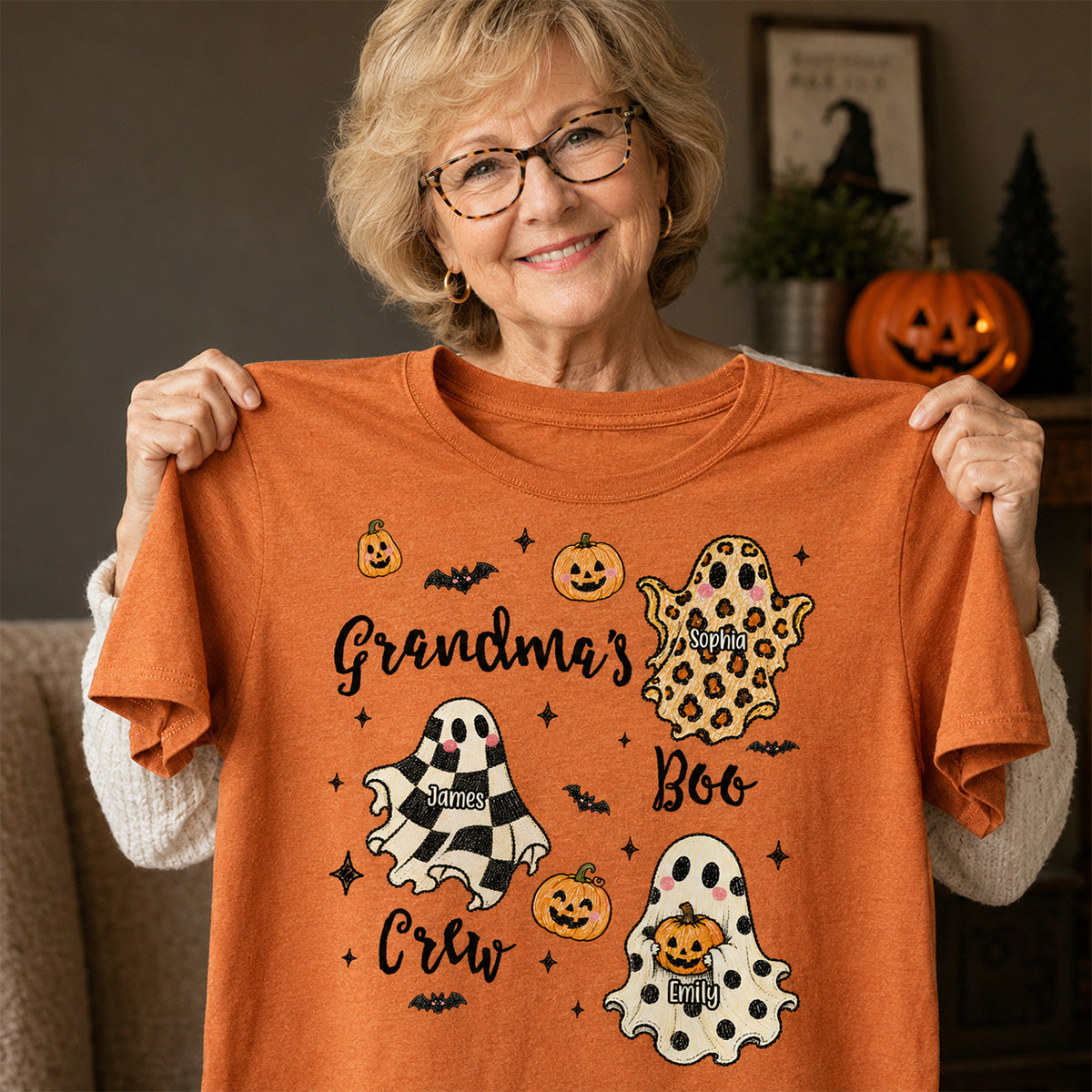Grandma's Boo Crew Checkered Leopard Polka Dot Ghosts - Personalized Shirt - Perfect Halloween Costume for Grandma