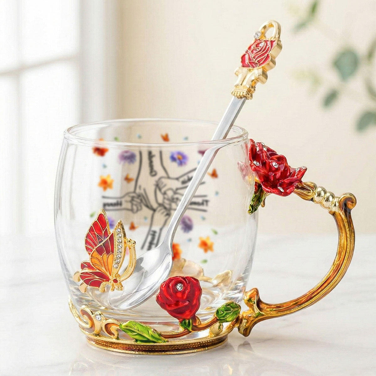 Grandma Mom Holding Kids Hands Birth Month Flowers - Personalized Enamel Flower Tea Cup - Gift For Grandma, Mom