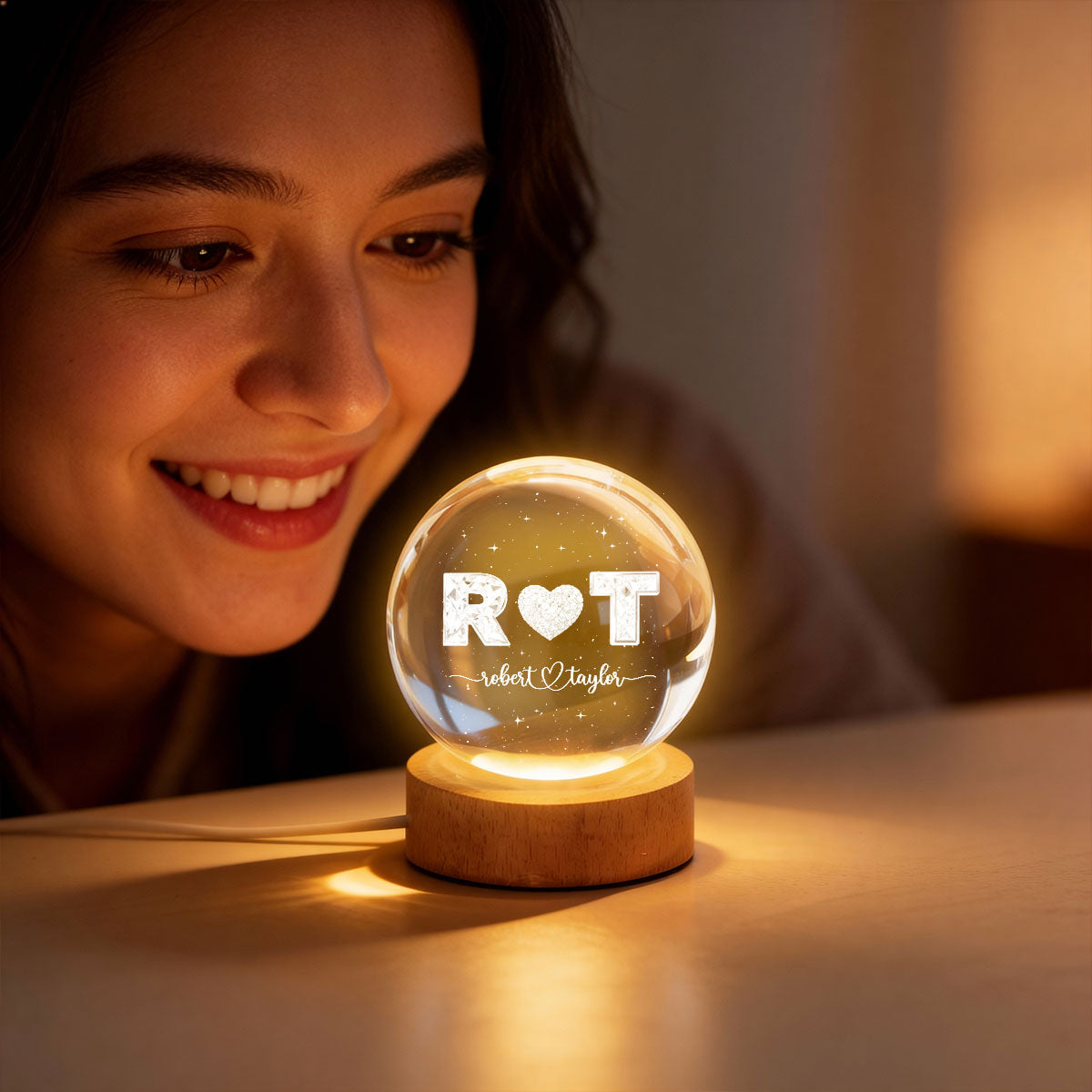 Eternal Love Couple Initial Names - Personalized Crystal Ball LED Night Light - Valentine's Day Gift For Couple, For Her, For Him