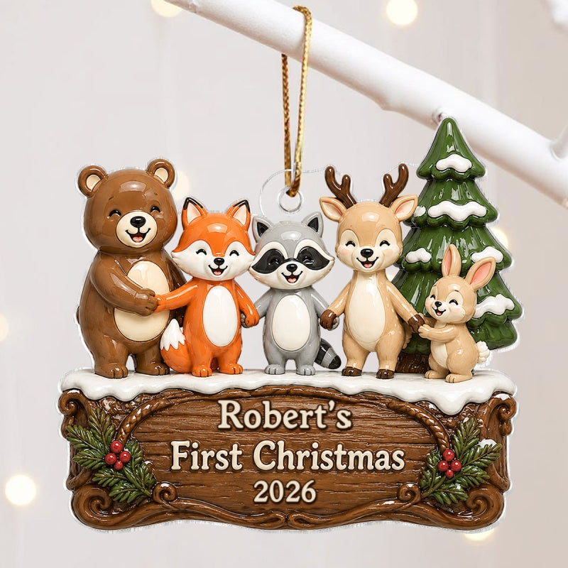 Happy Forever Woodland Animal Baby First Christmas - Personalized Acrylic Ornament - Gift for Newborn, New Parents Keepsake